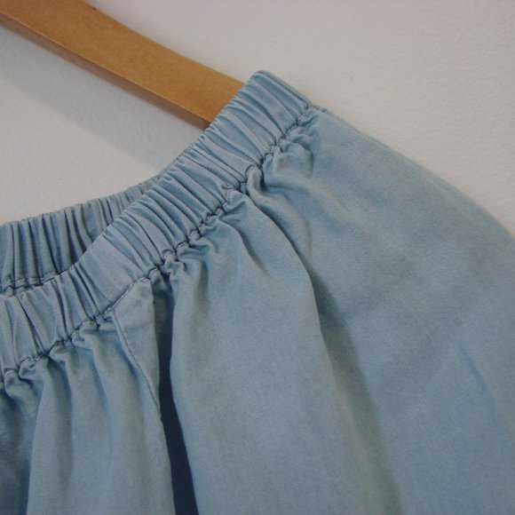Ruffled Chambray Blouse Top Light Blue Boho Peasant Off Shoulder Size Small - Picture 6 of 14